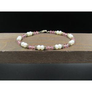 7" Sterling Silver Double Stacked Pearls And Crystals Bracelet Vintage Elegant